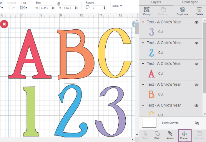 Design canvas showing all the layers that you want to use as print then cut.  