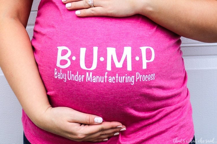 Pregnant Belly wearing pink shirt with B-U-M-P Baby Under Manufacturing Process in Sportflex iron on