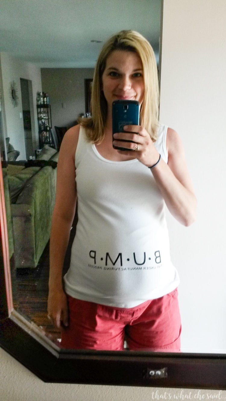Author pregnant with a self made maternity tank top