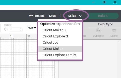 Showing where to select machine in cricut design space