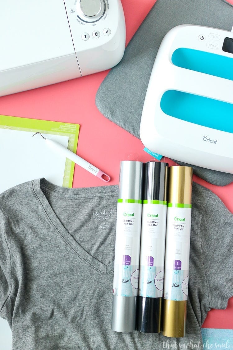 Supplies Needed for using Cricut SportFlex Iron On. Supplies Needed for using Cricut SportFlex Iron On. T-shirt, Sportflex Iron on rolls, Cricut Machine and EasyPress