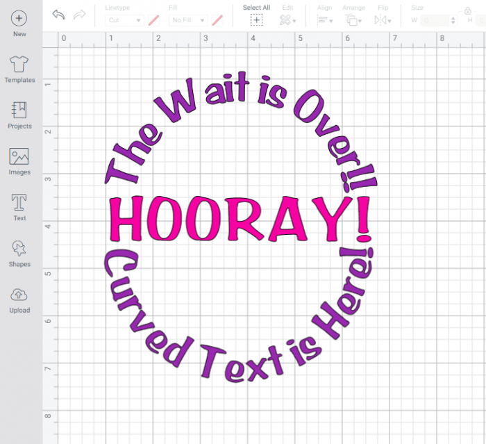 Screenshot of Cricut Design Space announding Curved text feature is here