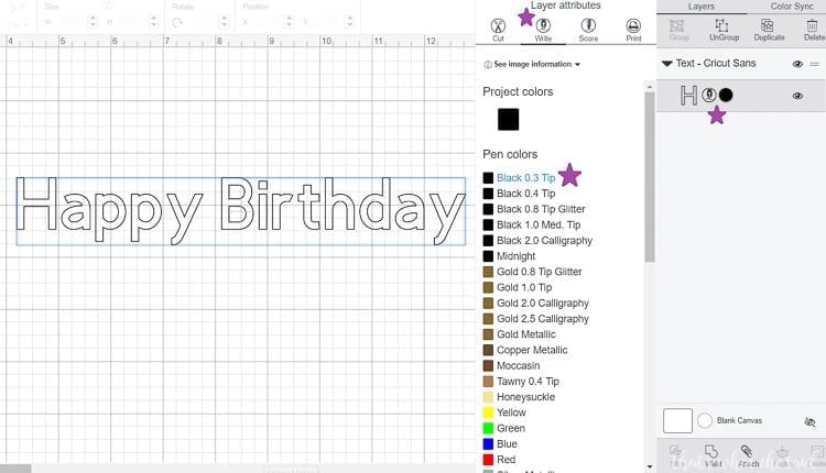 Switch Font to Pen and Select Pen Color in Cricut Design Space to write