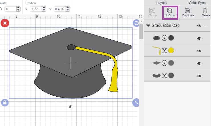 Cricut Design Space screenshot showing grad cap and the layers panel showing what to click to ungroup 