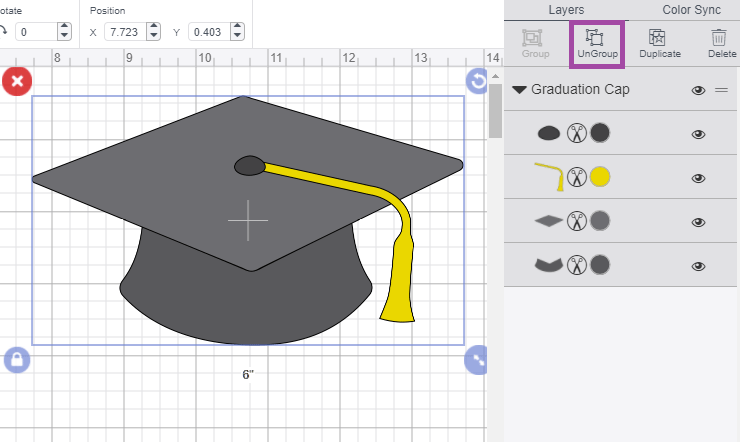 Cricut Design Space screenshot showing grad cap and the layers panel showing what to click to ungroup