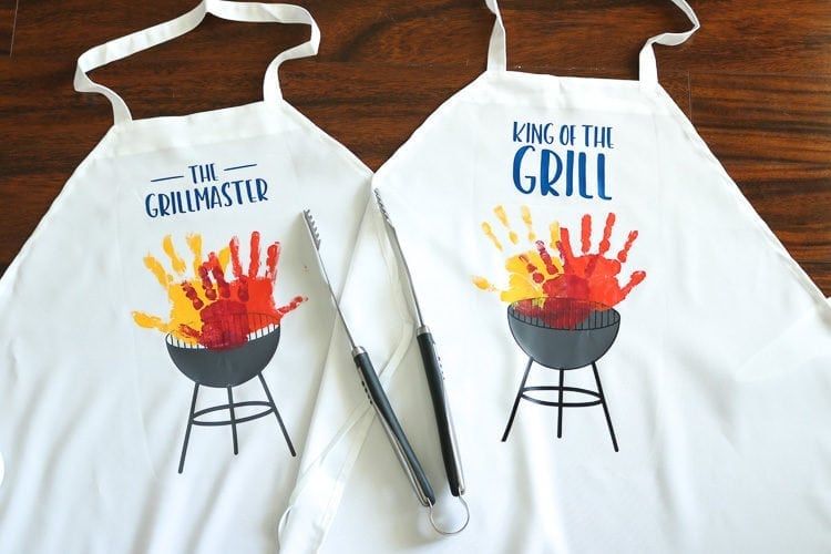 White Apron with Grill SVG File and children's handprints as Flames