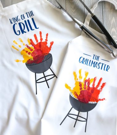 DIY Aprons with Grills and children's handprint as grill flames