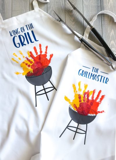 DIY Aprons with Grills and children's handprint as grill flames