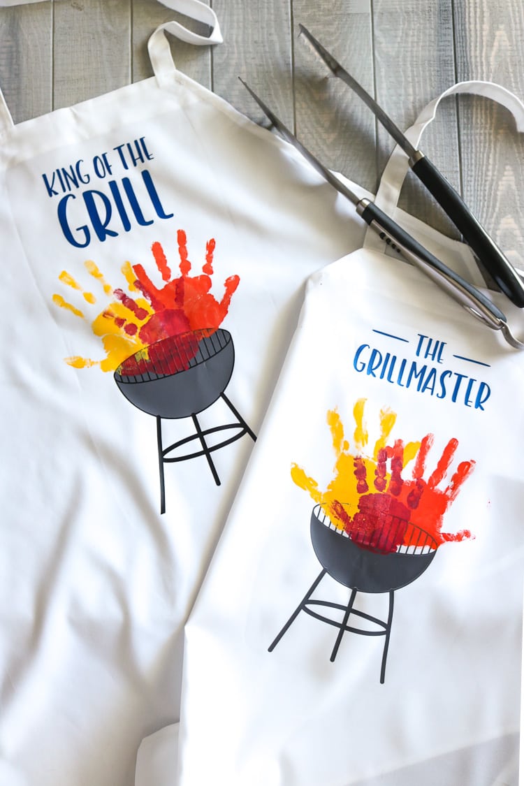 DIY Aprons with Grills and children's handprint as grill flames