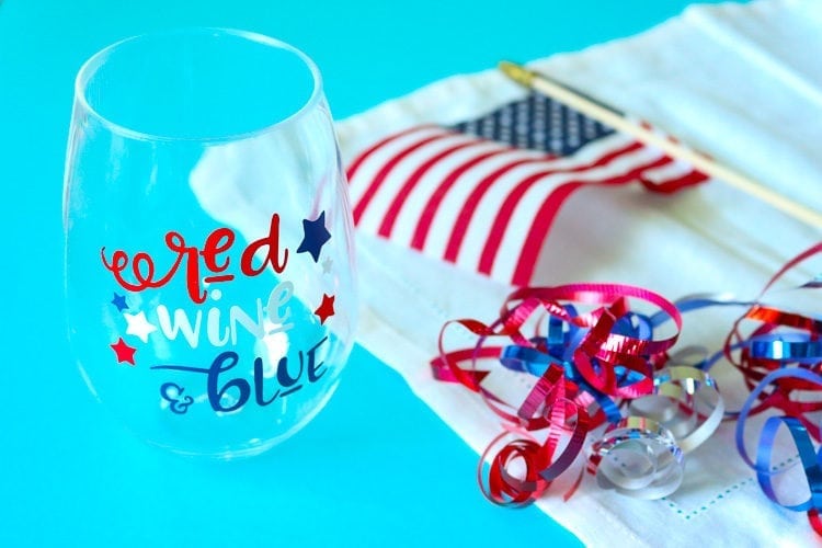 Plastic stemless wine glass with Red, Wine & Blue Patriotic Decal