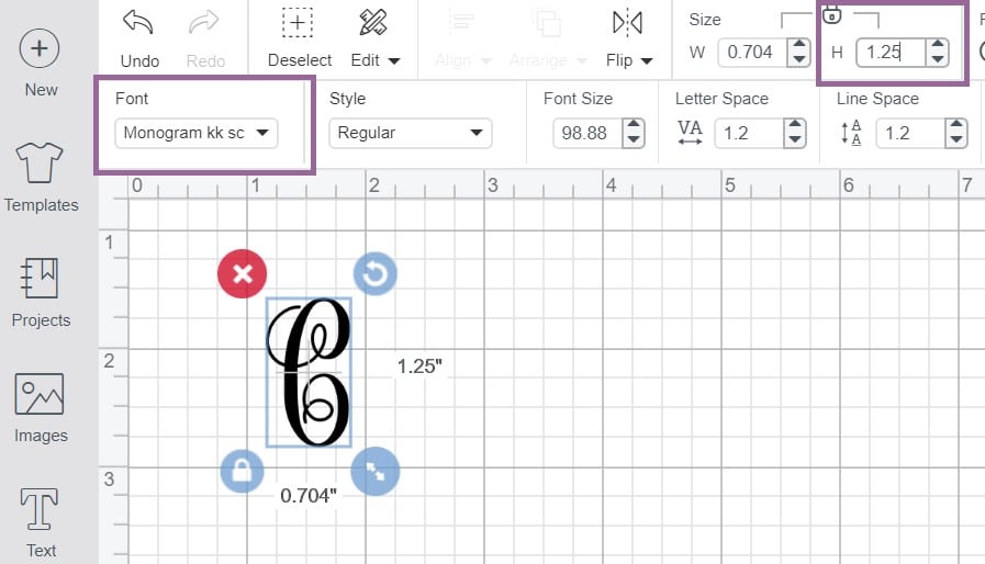 Cricut Design Space Screenshot showing where to change the font and height of the initial