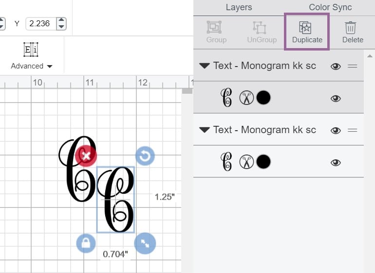 Cricut Design Space Screenshot showing how to duplicate our initial text.