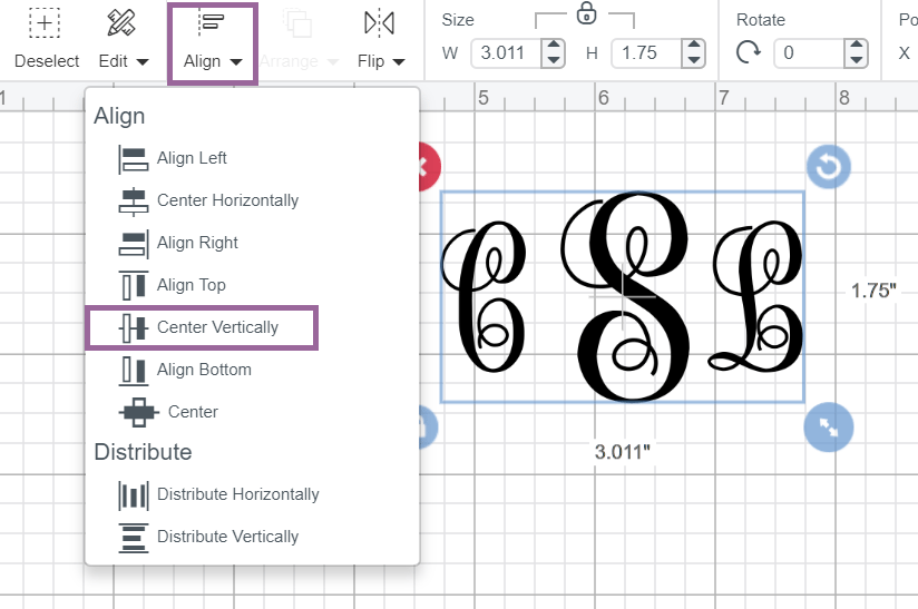 Cricut Design Space screenshot of using the Align Tool