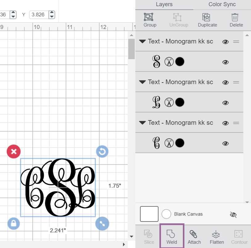 Cricut Design Space screenshot of using the Weld Tool