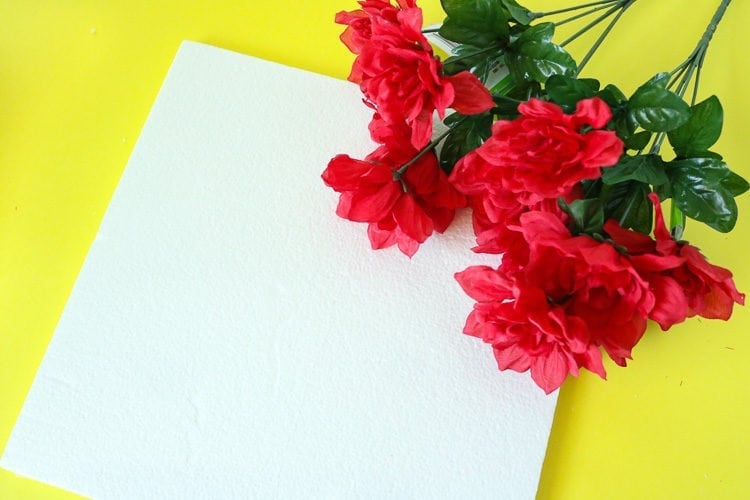 Red Dahlia Flowers from Dollar Tree and Square Foam Board Supplies