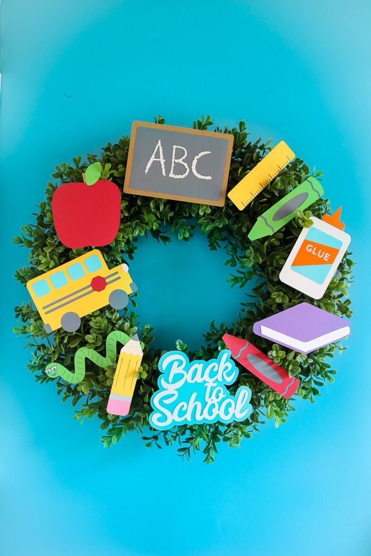 Boxwood Wreath with Paper Back to School cutouts