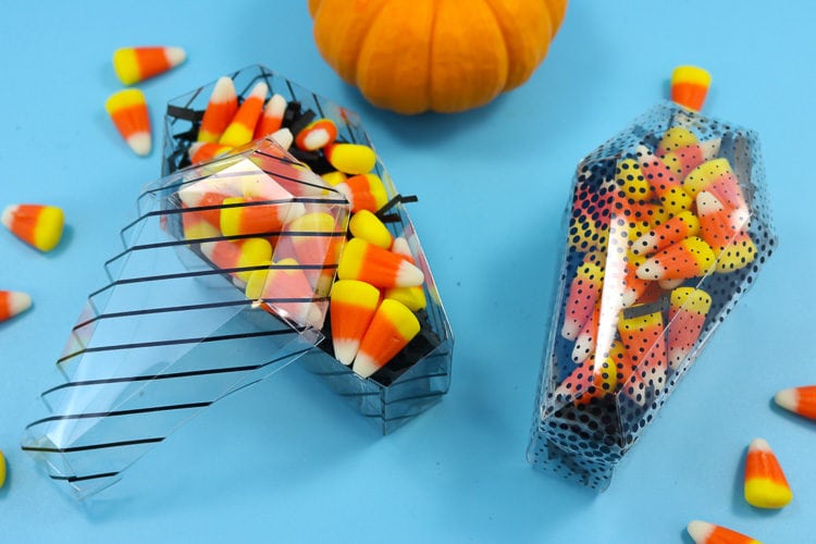 Coffin Treat Boxes filled with Candy Corn for a Halloween Treat Idea