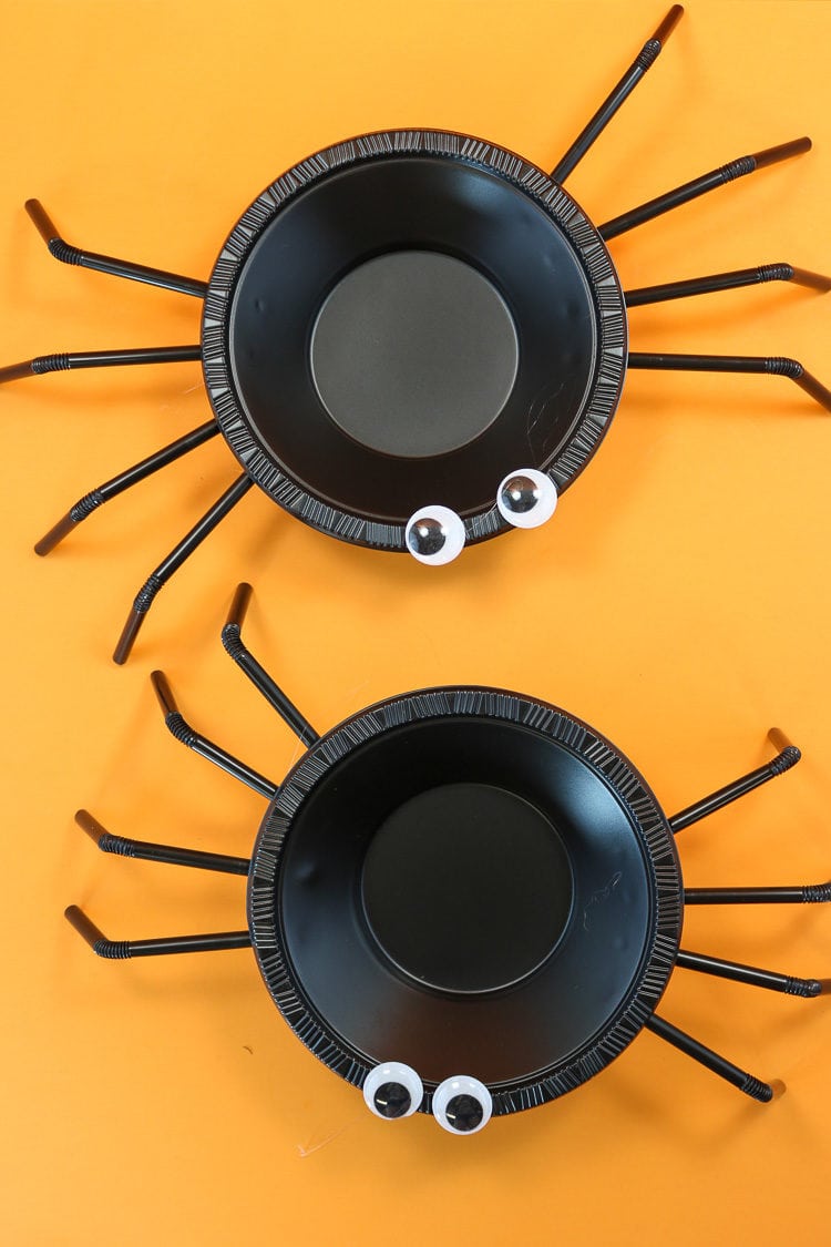 Two Finished Spider Halloween Treat Bowl made from plastic bowls and straws