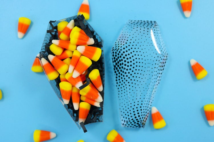 Acetate Casket Treat Boxes with Black Crinkle Paper filler and Candy Corn