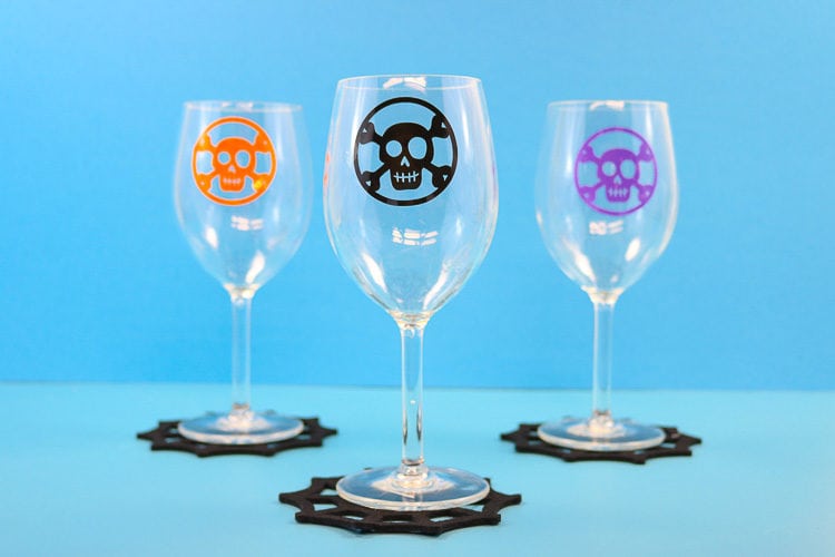 Three Wine Glasses on Cobweb Coasters with Window Cling Decals in different colors