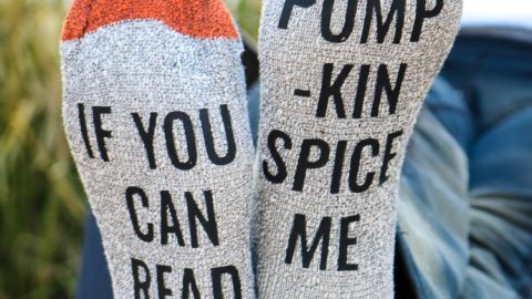 Funny Saying Socks that read "If you can read this, pumpkin spice me!"