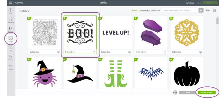 Screenshot of the icons to insert and use images in Cricut Design Space