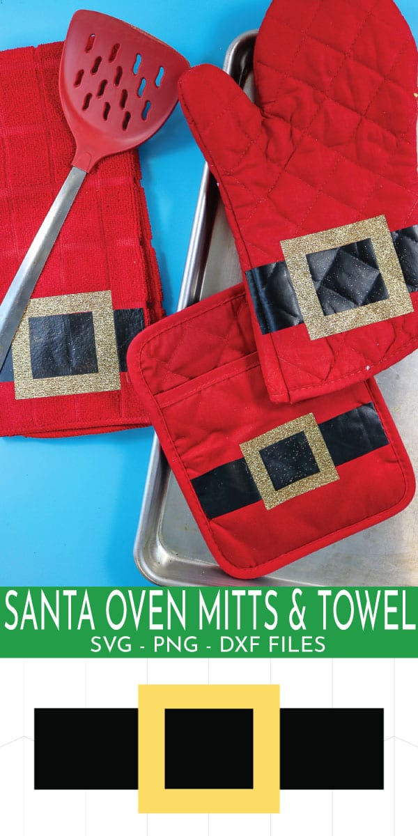 Grab this free cut file to make your own Santa Oven Mitt, Pot Holder & Dish Towels! So easy and they wrap up perfect for an inexpensive handmade gift idea!