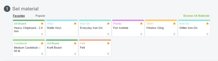 Screenshot of where to set material to cut in Cricut Design Space