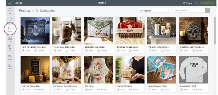 Screenshot of the Projects Tab in Cricut Design Space