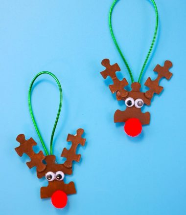 Reindeer Ornaments made from basic craft supplies and puzzle pieces