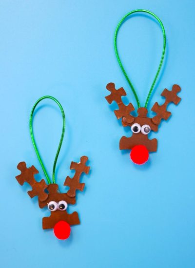 Reindeer Ornaments made from basic craft supplies and puzzle pieces