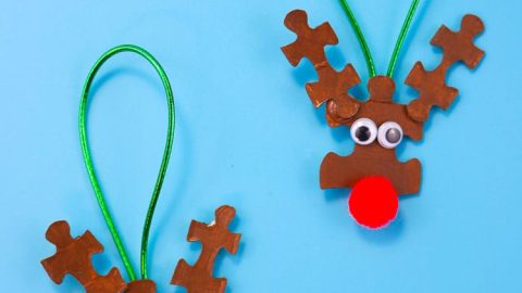 Reindeer Ornaments made from basic craft supplies and puzzle pieces