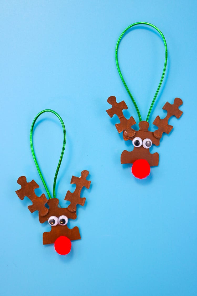 Reindeer Ornaments made from basic craft supplies and puzzle pieces