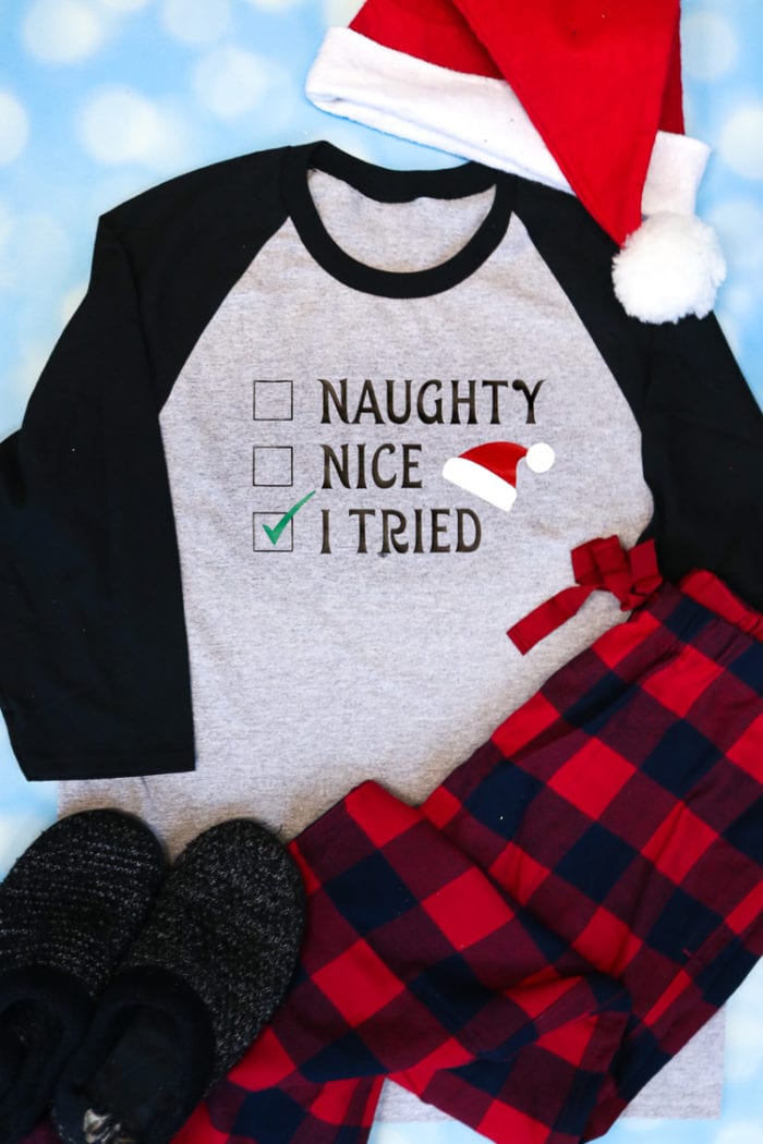 Grey & Black Raglan Tee with Checkboxes for Naughty Nice or I tired