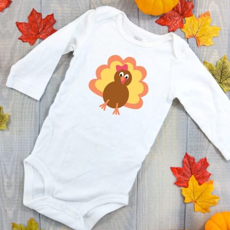White Baby Bodysuit with Turkey on the Front. Grab the whole bundle of 7 designs to mix and match