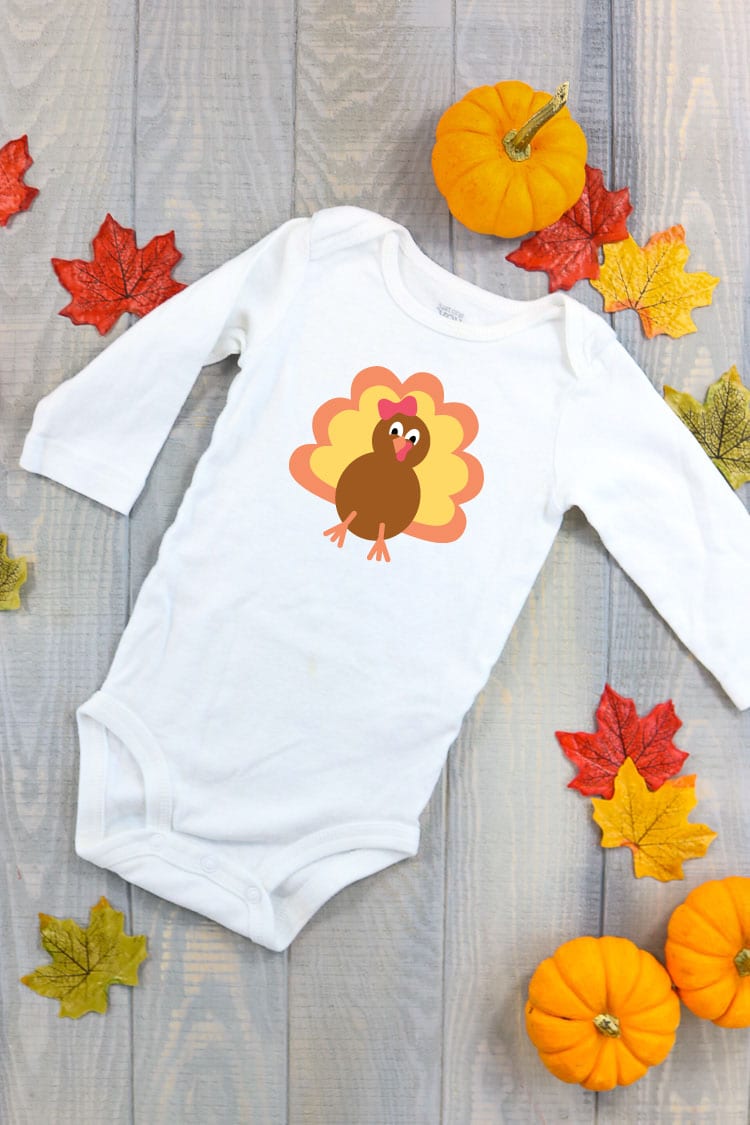 White Baby Bodysuit with Turkey on the Front. Grab the whole bundle of 7 designs to mix and match