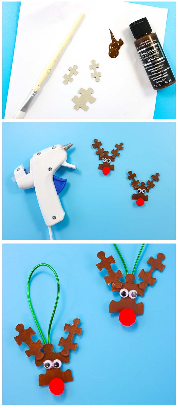 3 photos of step by steps to make reindeer ornaments from puzzle pieces