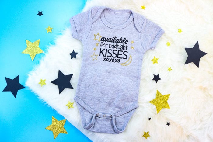 Grey Baby bodysuit with Available for Midnight Kisses SVG design in iron on