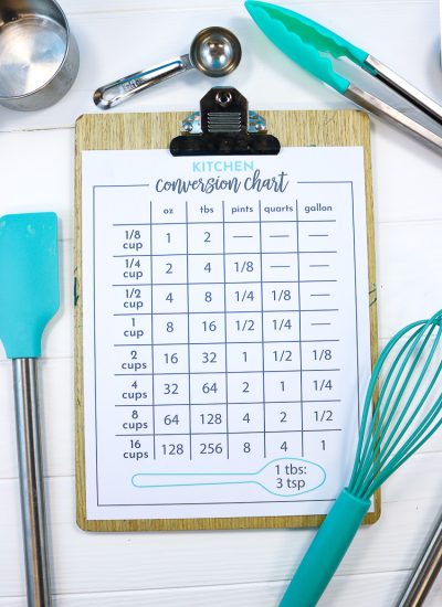 Baking/Cooking Conversion Chart on a Clipboard with Kitchen Utensils