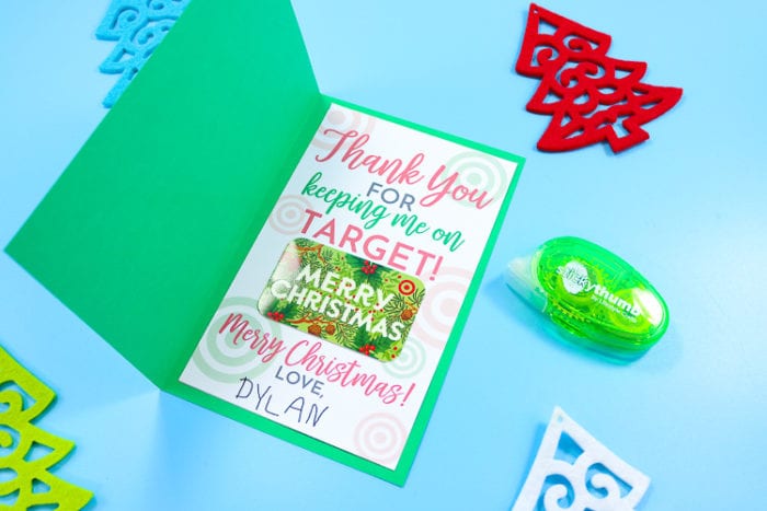 Make a card from cardstock, insert the printable and gift card and then gift!!