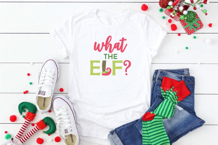 White T-shirt with What the Elf? SVG design in iron on