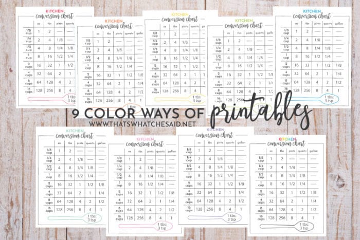 Kitchen Measurement Conversion Table in 9 different colorways. 