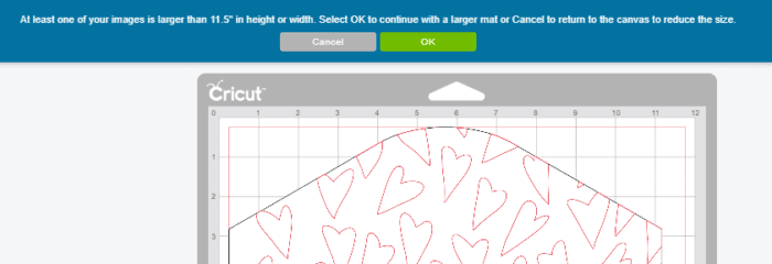 Cricut Design Space Screenshot of Warning to increase mat size