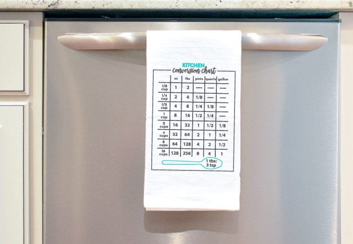 White Tea Towel with Grey and Aqua Kitchen Conversion Chart in iron on