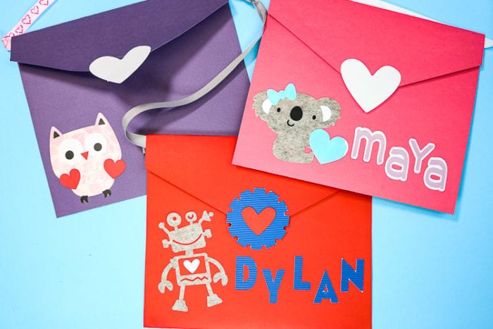 Three Large Envelopes made with the Cricut Maker to use as Valentine Boxes to collect class Valentines