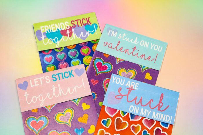 Sticker Sheets with Free Printable Paper toppers to make them Valentine Cards