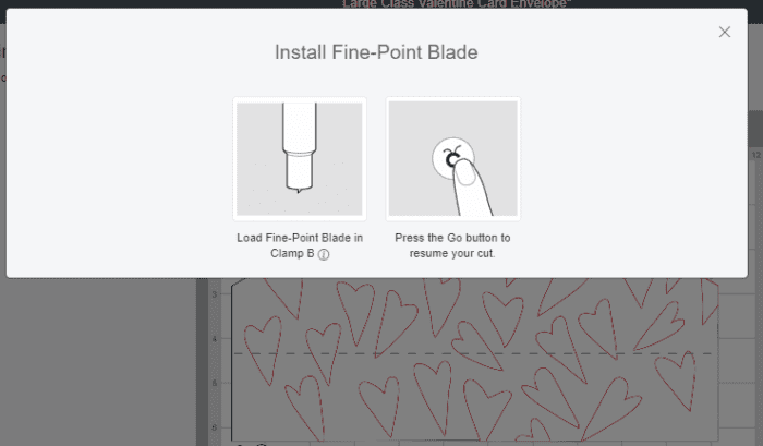 Cricut Design Space Screenshot telling you to replace rotary wheel with fine point blade