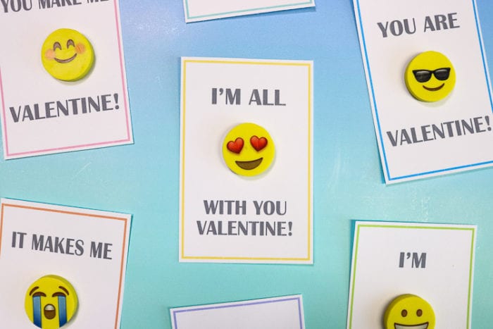 Close Up of Emoji Eraser Valentine Cards for class parties