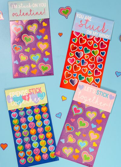 Sticker Sheets with Free Printable Paper toppers to make them Valentine Cards