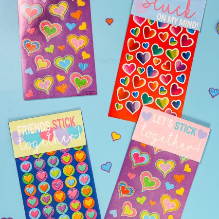 Sticker Sheets with Free Printable Paper toppers to make them Valentine Cards